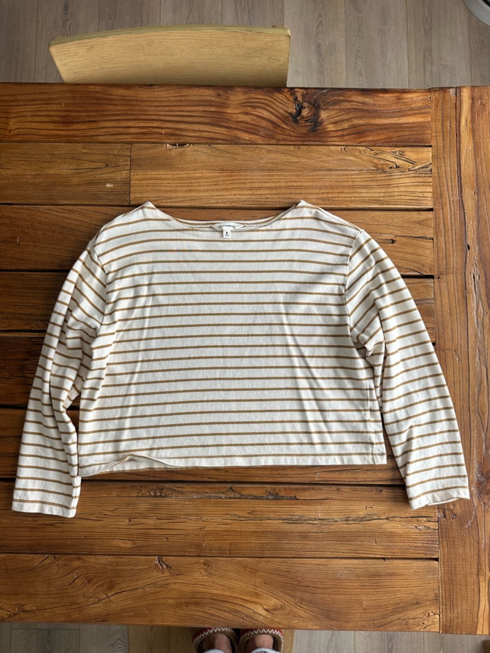 Lucky Brand Cream and Tan Striped Long-Sleeve Boatneck Top